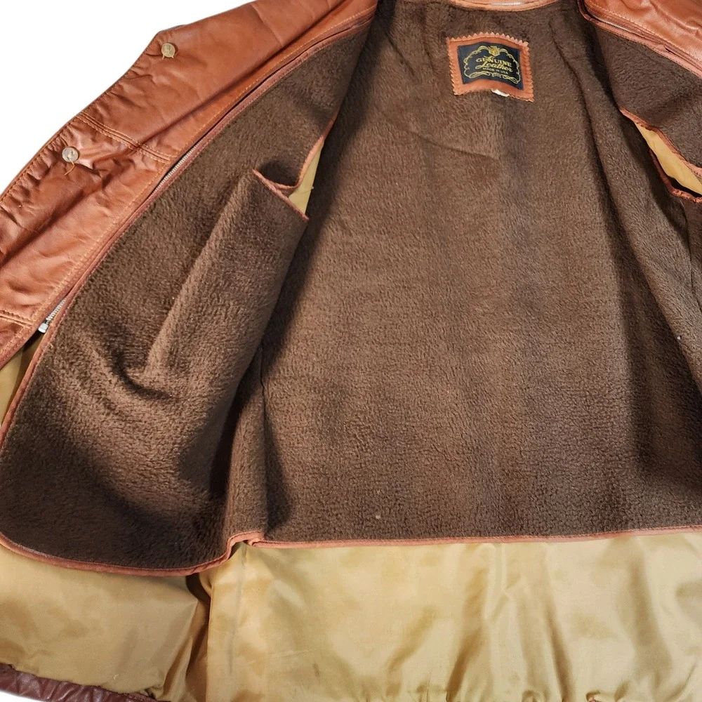 Vintage Genuine Leather Blazer Jacket Men's 42 Brown Faux Fur Lined Made in USA‎